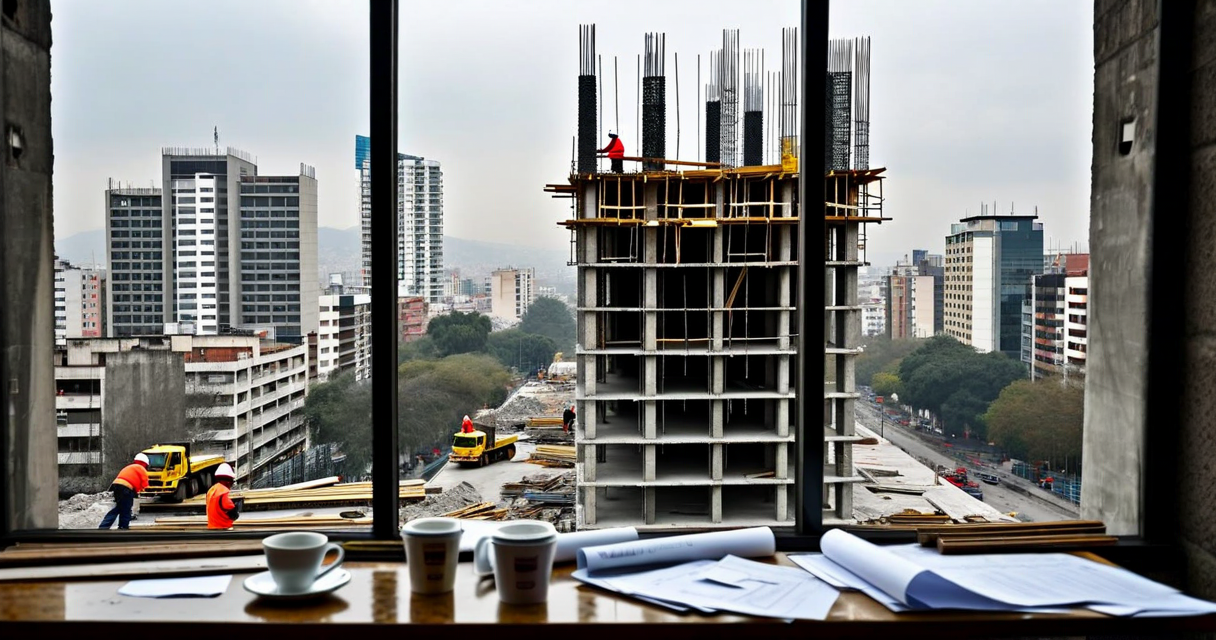 Construction site in Mexico City with materials being delivered