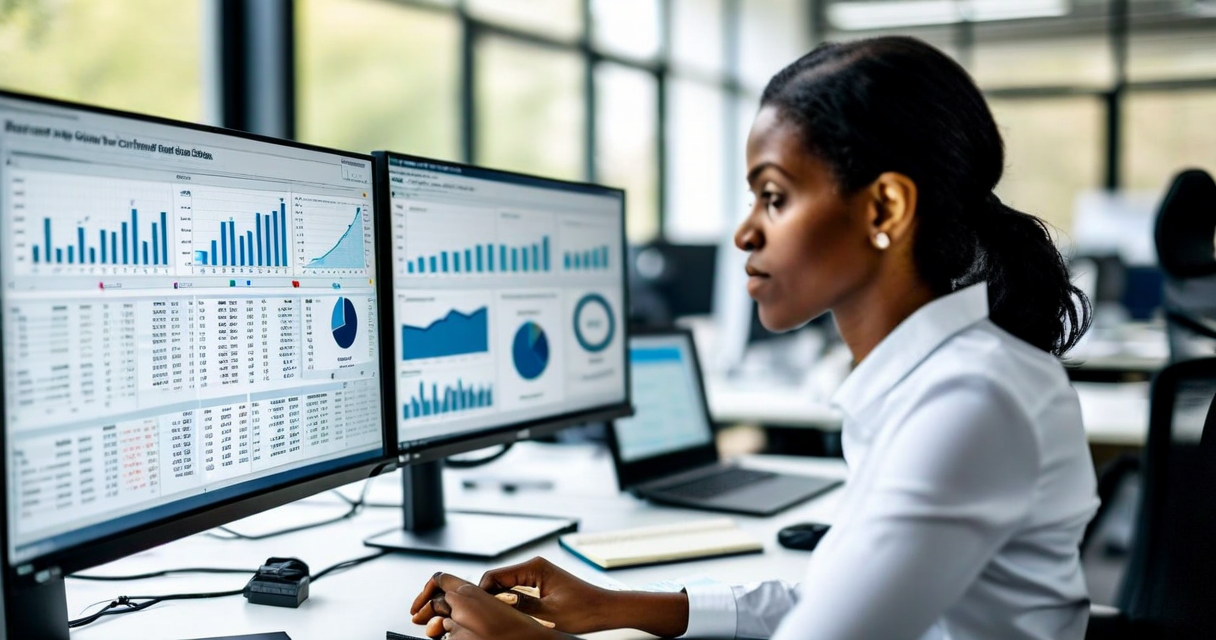 Data analyst reviewing credit model on multiple screens