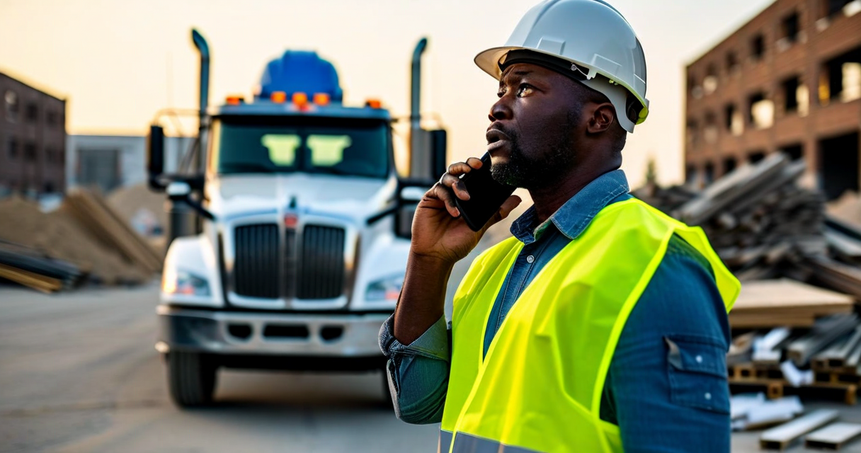 Frustrated contractor on phone at construction site with delivery trucks