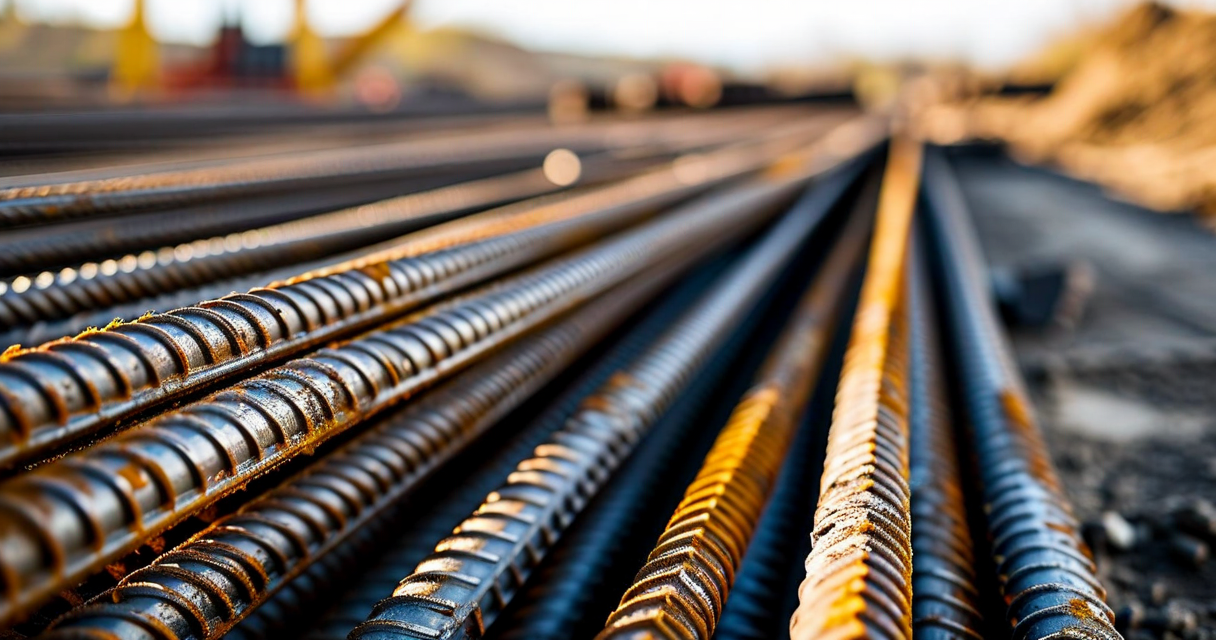 Structural steel rebar at construction site, close-up of grade markings